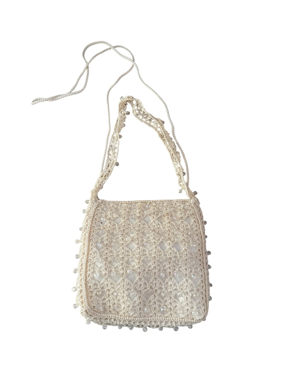 Vintage Sasha New York Ivory Clear Beaded Crochet Evening Bag Bridal Summer Y2K